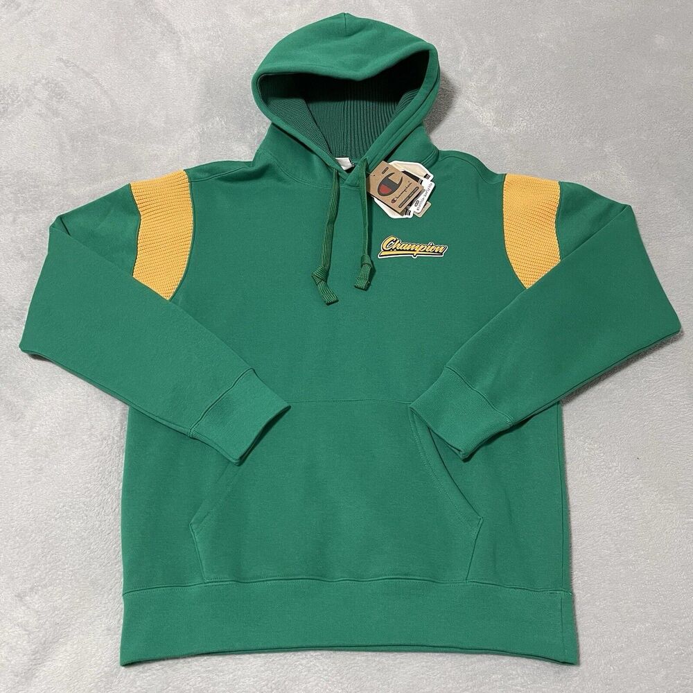 Champion Hoodie Mens Medium Green Yellow Varsity Style Colorblock‎ Fleece Retro